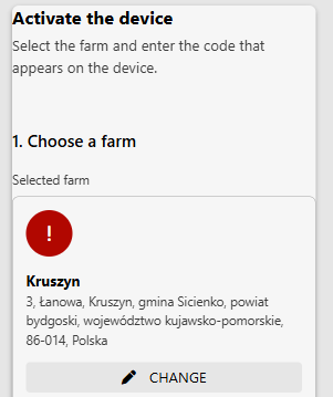Mobile view of the "Device Activation" web form. In step “1. Choose a farm,” the user have to check if selected farm is correct.