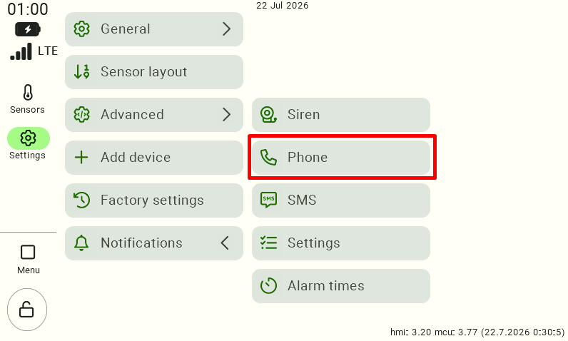 Control panel settings screen with the "Notifications" section expanded. To configure the phone numbers that will receive alarm calls, the user must click the "Phone Calls" option, highlighted with a red frame on the screenshot. 