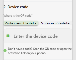 Mobile view of the "Device Activation" web form. In step “2. Device Code,” the user must enter the identification code for their device. Click the text field under the question “Where is the QR code?” and carefully enter the string of characters visible on the physical device.  