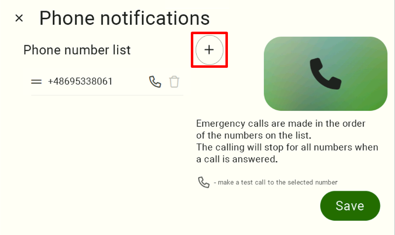 Phone call notification management screen. To begin adding a new phone number, click the circular "+" button highlighted with a red circle at the top of the interface. 