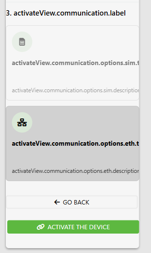 Mobile view of the "Device Activation" web form, "3. Connection Method" section. Here, the user must select how the device connects to the Internet (e.g., by checking the "I want to activate the SIM card" option). After selecting the appropriate method, click the large green "ACTIVATE DEVICE" button at the very bottom of the page to complete the process.  