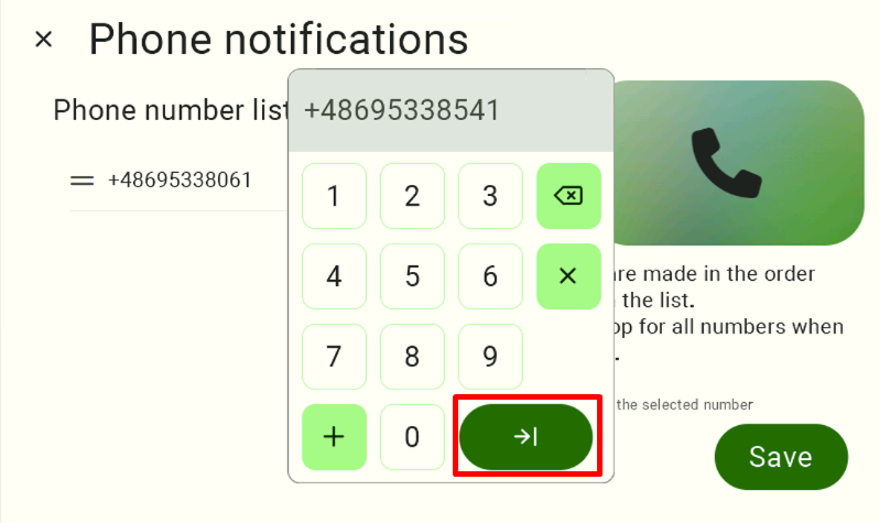 Screen with the numeric keypad displayed in the center. Use the keypad to enter the desired phone number. Once the number has been entered correctly, confirm the operation by clicking the dark green arrow button located in the lower-right corner of the keypad (highlighted with a red frame in the image).  