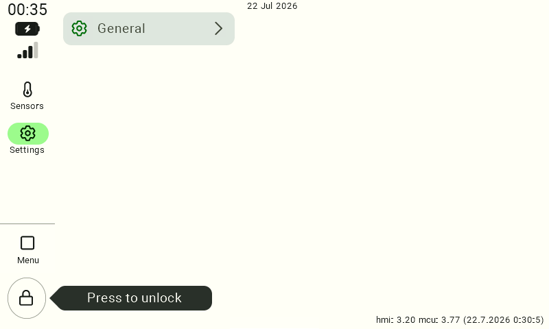Main control panel screen. To unlock the menu and access the settings, the user must click the lock icon located in the bottom-left corner of the screen, indicated by the hint "click here".