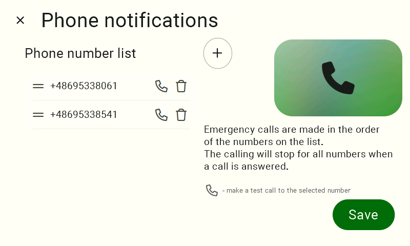 Updated "Phone Call Notifications" screen showing the newly added number. To apply and save the new alarm call configuration, click the large green "Save" button located in the lower-right corner of the screen. 