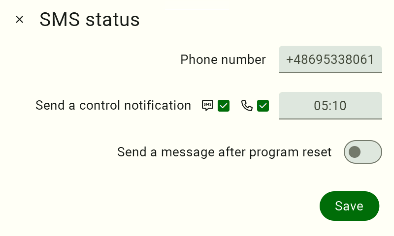 The configuration screen titled "SMS Status." There are two light gray fields to fill in: "Phone Number," which you should click to enter the recipient's phone number, and "Message Send Time," used to set the time for the daily notification. After correctly entering both parameters, the user must confirm the configuration by clicking the dark green "Save" button located in the lower-right corner of the screen.