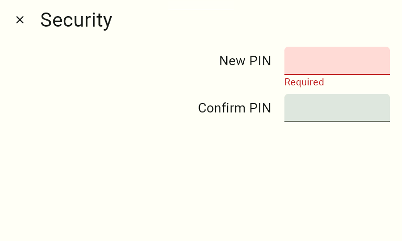 The "Security" configuration screen. There are two input fields here: "New PIN" and "Confirm PIN." The top field is highlighted in bright red with the warning label "Required," which informs the user that they must click there and begin entering a new code using the on-screen keyboard.