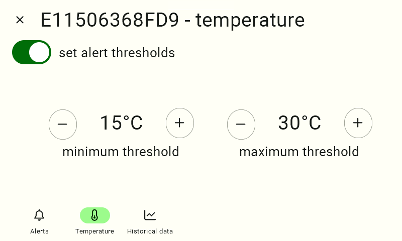 The sensor configuration screen after enabling the threshold function. The "Set Alarm Thresholds" switch is now active and lit green. Two configuration panels have appeared below it: "Minimum Threshold" and "Maximum Threshold." The user sets the desired temperature thresholds by clicking the circular buttons with the plus sign (“+”) to increase the value or the minus sign (“-”) to decrease it.   