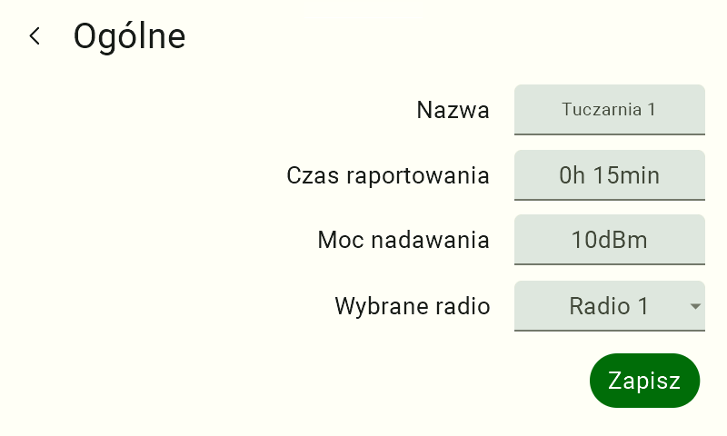 Ekran "Zmień nazwę" z nowo wprowadzonym tekstem w polu "Nazwa" (np. "Tuczarnia 1"). Aby zatwierdzić nową nazwę i trwale przypisać ją do czujnika w systemie, użytkownik musi kliknąć ciemnozielony przycisk "Zapisz" umieszczony w prawym dolnym rogu interfejsu.