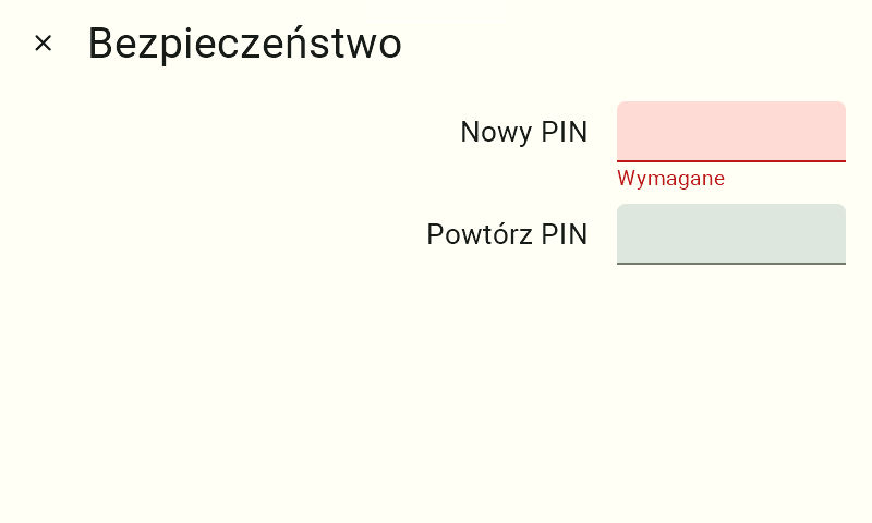 Ekran konfiguracji o nazwie "Bezpieczeństwo". Znajdują się tu dwa docelowe pola: "Nowy PIN" oraz "Powtórz PIN". Górne pole podświetlone jest na jasnoczerwono z ostrzegawczym podpisem "Wymagane", co informuje użytkownika o konieczności kliknięcia w to miejsce i rozpoczęcia wprowadzania nowego kodu z wysuniętej klawiatury.