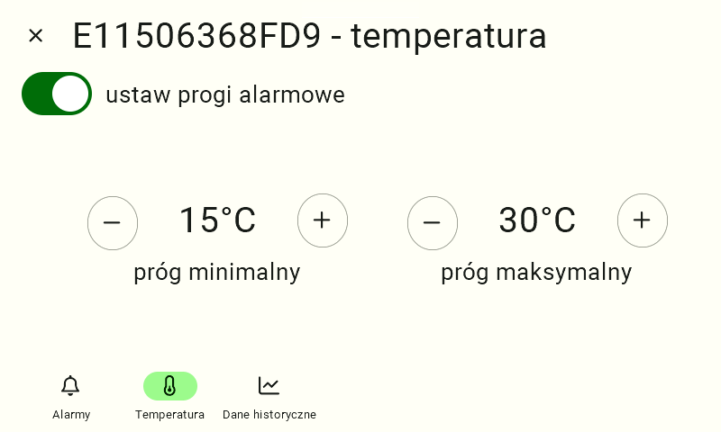 Ekran konfiguracji czujnika po włączeniu funkcji progów. Przełącznik "ustaw progi alarmowe" jest teraz aktywny i świeci na zielono. Pod spodem pojawiły się dwa panele konfiguracyjne: "próg minimalny" oraz "próg maksymalny". Użytkownik ustawia pożądane wartości temperatur granicznych, klikając okrągłe przyciski z symbolem plusa ("+") aby zwiększyć, lub minusa ("-") aby zmniejszyć wartość.