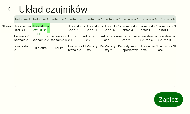 Widok Układu czujników dla konkretnego typu czujnika. W lewym górnym rogu jest napis "Układ czujników". Poniżej tabela. Po jej lewej informacja o numerze strony, w nagłówku numer kolumny w układzie Kolumna 1 - Kolumna 9. Pod nagłówkami są nazwy czujników. W prawym dolnym rogu jest zielony przycisk z białym napisem "Zapisz". Pierwszy czujnik kolumny 3 jest "wyciągnięty".