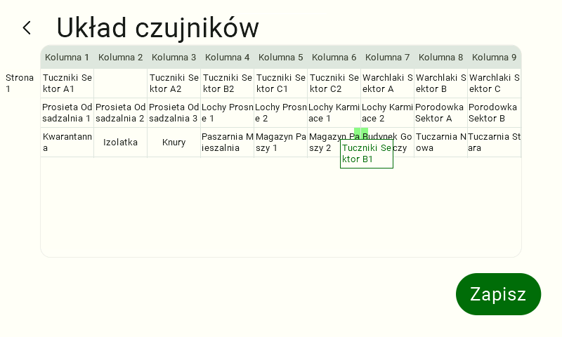 Widok Układu czujników dla konkretnego typu czujnika. W lewym górnym rogu jest napis "Układ czujników". Poniżej tabela. Po jej lewej informacja o numerze strony, w nagłówku numer kolumny w układzie Kolumna 1 - Kolumna 9. Pod nagłówkami są nazwy czujników. W prawym dolnym rogu jest zielony przycisk z białym napisem "Zapisz". Wyjęty czujnik jest ułożony na przerwie między kolumnami 6 i 7 w trzecim rzędzie.