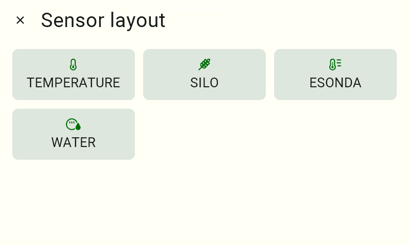 A view of the sensor type selection for the sensor system. In the upper-left corner, it says "Sensor System." Below that, there are four tiles to choose from, from left to right: "Temperature," "Silos," "Esonda," and "Water."