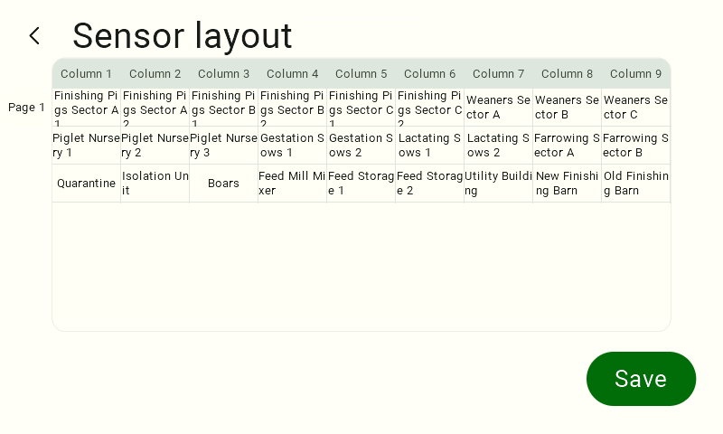 View of the sensor layout for a specific sensor type. In the upper-left corner is the text "Sensor Layout." Below is a table. To the left of the table is the page number, and the column headers list the column numbers in the layout: Column 1 through Column 9. Below the headers are the sensor names. In the lower-right corner is a green button with the white text “Save.”