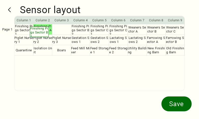 View of the sensor layout for a specific sensor type. In the upper-left corner is the text "Sensor Layout." Below is a table. To the left of the table is the page number; the header shows the column numbers in the layout: Column 1 – Column 9. Below the headers are the sensor names. In the lower-right corner is a green button with the white text “Save.” The first sensor in Column 3 is “highlighted.”