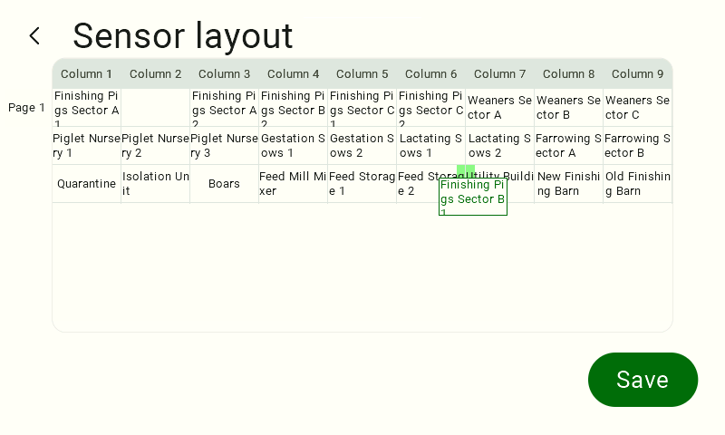 View of the sensor layout for a specific sensor type. In the upper-left corner, it says "Sensor Layout." Below is a table. To the left of the table is the page number; the column headers list the column numbers in the layout: Column 1 through Column 9. Below the headers are the sensor names. In the lower-right corner is a green button with the white text “Save.” The removed sensor is placed in the space between columns 6 and 7 in the third row.