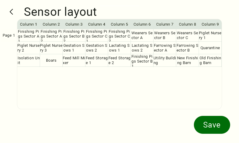 View of the sensor layout for a specific sensor type. In the upper-left corner is the text "Sensor Layout." Below is a table. To the left of the table is the page number, and the header shows the column numbers in the layout: Column 1 – Column 9. Below the headers are the sensor names. In the lower-right corner is a green button with the white text “Save.” The sensor has been repositioned, and the table has been reformatted to reflect the new settings.