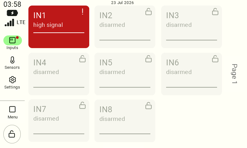 View of the digital inputs on the FarmWatch Pro device. The IN1 input tile is lit red, indicating an alarm. 