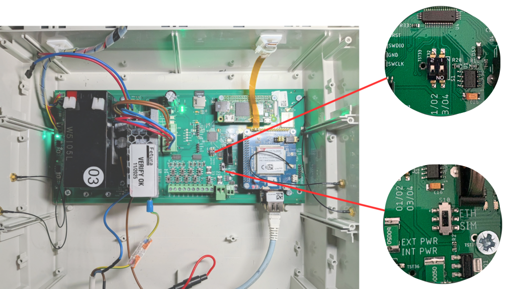 Open FarmWatch Pro control panel with red arrows and close-up circles pointing to the two mode switches that must be set to ETH.