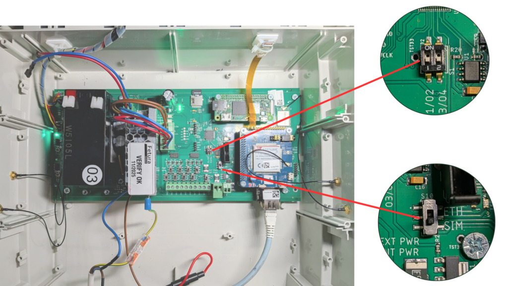 Open FarmWatch Pro control panel with red arrows and close-up circles pointing to the two mode switches set to SIM/ON position.
