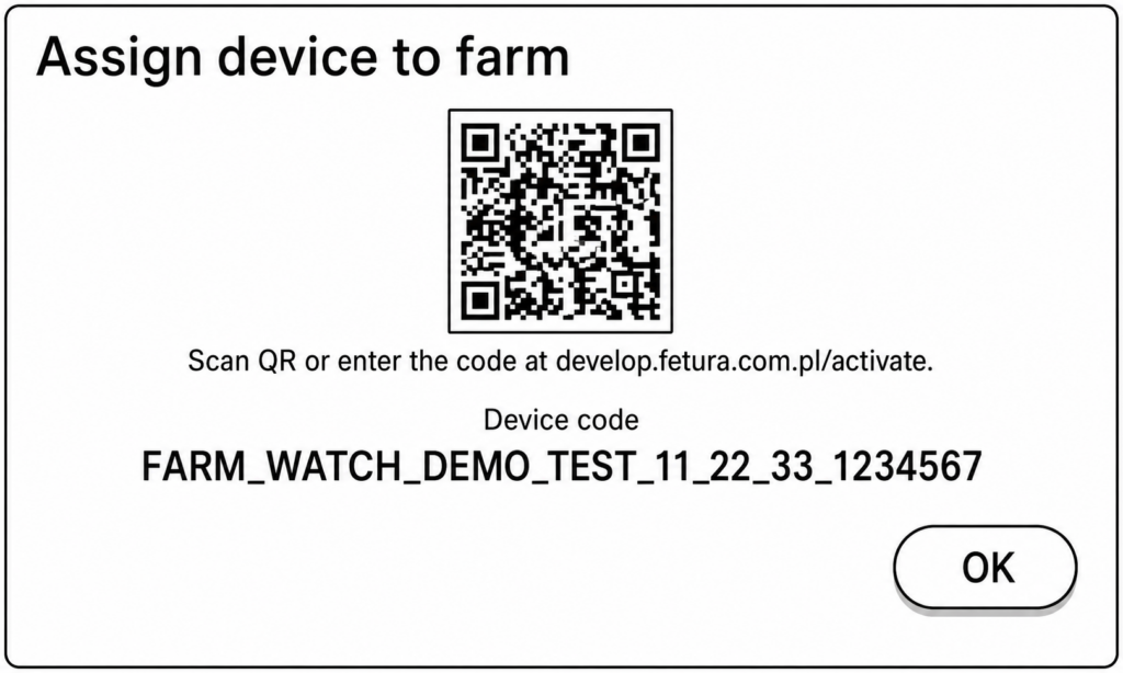 The screen displayed on the physical device labeled "Assign device to farm." It displays a QR code and an alphanumeric string labeled "Device code." The user must read this text-based device code from the screen and enter it exactly as shown in the corresponding field on the online activation form.  