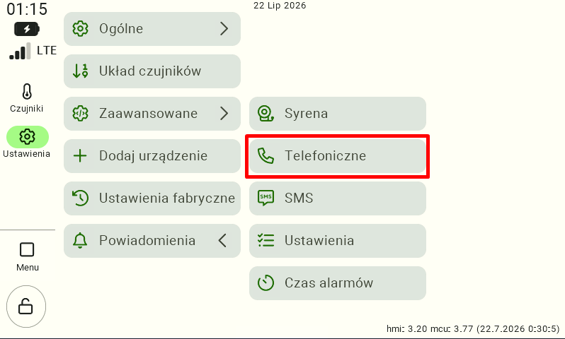 Ekran ustawień panelu sterowania z rozwiniętą sekcją "Powiadomienia". Aby skonfigurować numery, na które system będzie dzwonił w razie alarmu, użytkownik musi kliknąć przycisk "Telefoniczne", który na zrzucie ekranu jest wyróżniony czerwoną ramką.