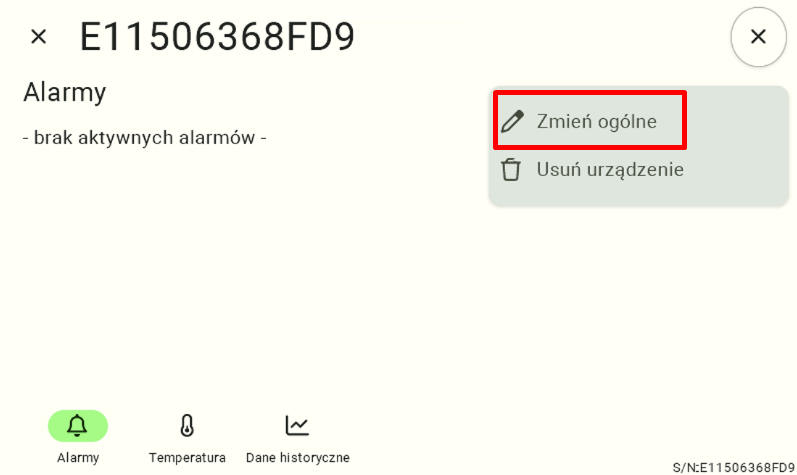 Widok szczegółów czujnika z rozwiniętym w prawym górnym rogu menu kontekstowym ustawień. Użytkownik musi kliknąć w tym menu opcję "Zmień nazwę", która oznaczona jest małą ikoną ołówka, aby przejść do edycji.