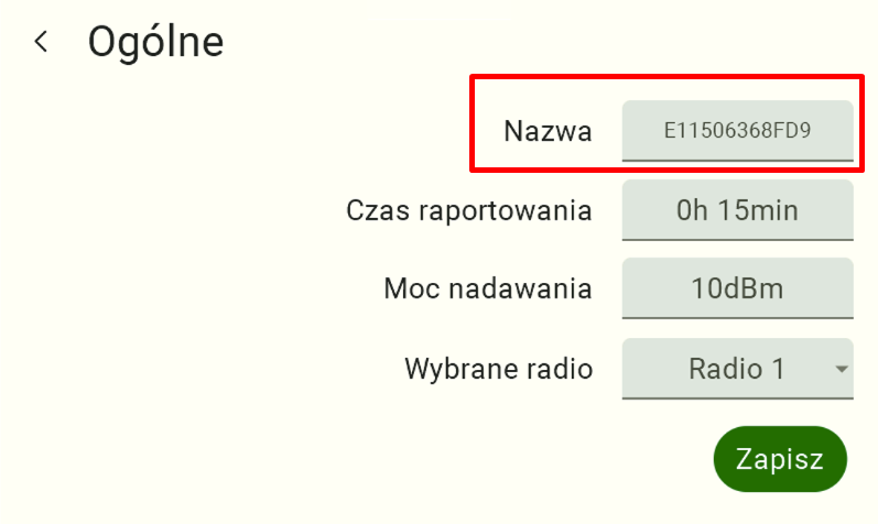 Ekran oznaczony jako "Zmień nazwę". W prawym górnym rogu znajduje się jasnoszare pole tekstowe obok napisu "Nazwa", zawierające aktualną, fabryczną nazwę urządzenia. Użytkownik musi kliknąć w to pole, aby wywołać klawiaturę i móc zmodyfikować tekst.