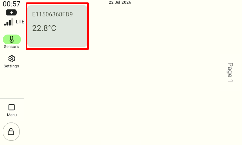 The main view of the control panel dashboard with the "Sensors" tab active in the left-hand menu. In the main part of the screen, a gray tile for the added sensor is visible, displaying its name and current temperature reading. The user must click this sensor tile to view its details.