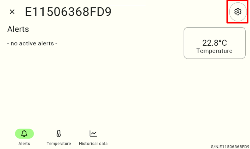 Details view for the selected temperature sensor. To open the editing options, the user must locate and click the round button with the gear icon (settings) located in the upper-right corner of the screen.
