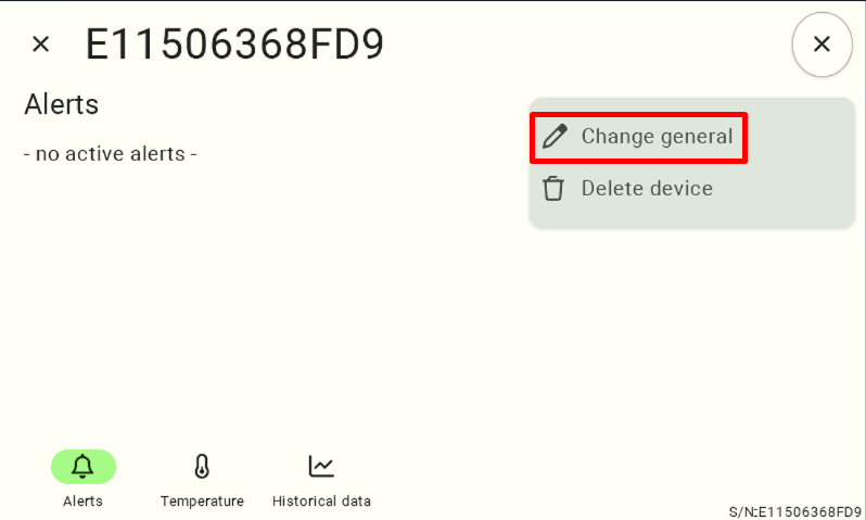 A detailed view of the sensor with the context menu for settings expanded in the upper-right corner. The user must click the "Rename" option in this menu—indicated by a small pencil icon—to begin editing.