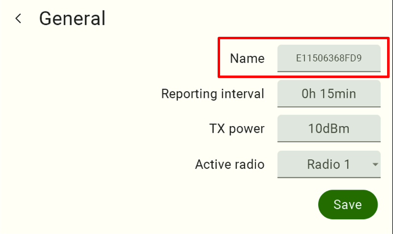 The screen labeled "Rename." In the upper-right corner, there is a light gray text field next to the word "Name," containing the device's current, factory-set name. The user must click this field to bring up the keyboard and modify the text.