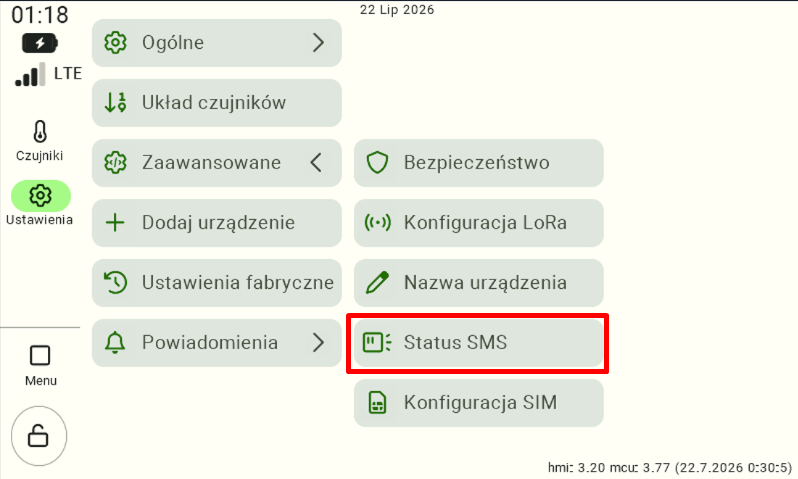 Ekran ustawień panelu sterowania z rozwiniętą zakładką "Zaawansowane". Aby przejść do konfiguracji codziennego raportu, użytkownik musi odszukać i kliknąć przycisk "Status SMS", który na interfejsie został dodatkowo oznaczony czerwoną ramką.