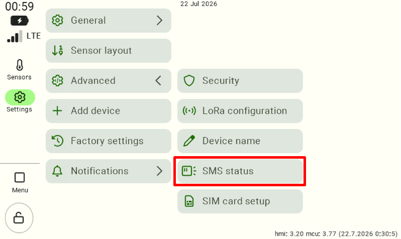 The control panel settings screen with the "Advanced" tab expanded. To access the daily report configuration, the user must locate and click the "SMS Status" button, which is highlighted with a red border on the interface.