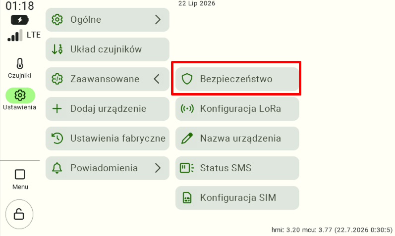 Ekran ustawień panelu sterowania z rozwiniętą zakładką "Zaawansowane". Aby przejść do edycji opcji dostępu, użytkownik musi odszukać i kliknąć przycisk "Bezpieczeństwo", który na interfejsie oznaczono czerwoną ramką.