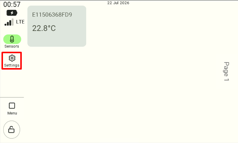 View of the main dashboard. To begin the process of changing the security code, the user must select the "Settings" tab from the side menu on the left, which is highlighted with a red border in the screenshot.