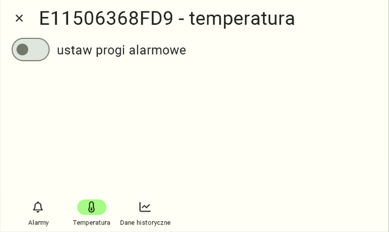 Details view of the selected sensor (e.g., named "E11506468FD9 - temperature"). The "Temperature" tab is active in the bottom navigation bar, indicated by the icon being highlighted in light green. Above it is a gray, inactive slider labeled "Set Alarm Thresholds." To begin configuring the limits, the user must click this slider.