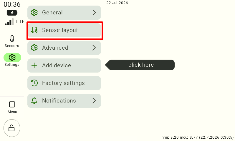 A view of the FarmWatch Pro control unit settings. In the left-hand menu, the “Settings” section has been selected, followed by the “Sensor Layout” category.