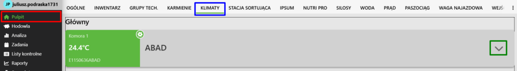 Widok panelu "Klimaty" na stronie Fetura CLOUD. Na lewym menu zaznaczony jest "Pulpit". Na poziomym pasku nawigacyjnym zaznaczona jest zakładka "Klimaty". Pod paskiem nawigacyjnym widać panel czujnika, po jego skrajnie prawej jest zaznaczona strzałka w dół.