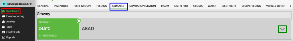A view of the "Climates" panel on the Fetura CLOUD website. "Dashboard" is selected in the left-hand menu. The "Atmospheres" tab is selected on the horizontal navigation bar. Below the navigation bar, you can see the sensor panel; a down arrow is selected at its far right.   