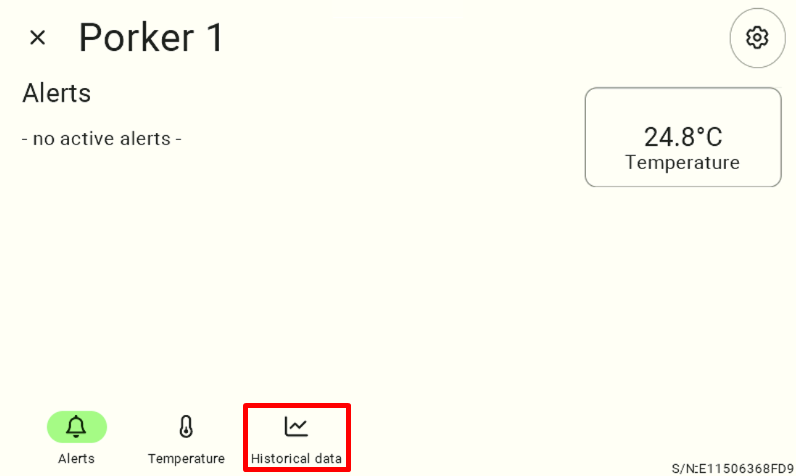 Detailed view of the selected temperature sensor. To access historical data, the user must click the chart icon labeled "Historical Data." The icon is the third and last item in the bottom row of the view.