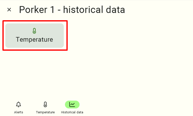 A view of the panel for selecting the data type for historical data. To access the historical data, the user must click the "Temperature" tile.