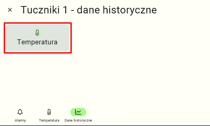 Widok panelu do wybierania typu danych dla danych historycznych. Aby wejść w dane historyczne użytkownik musi kliknąć kafelek "Temperatura".