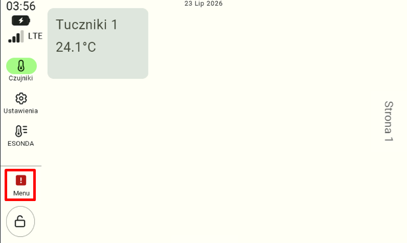 Widok głównego panelu FarmWatch Pro. Na lewym menu zaznaczona jest ikona menu podświetlona na czerwono z wykrzyknikiem, informująca użytkownika o alarmie.