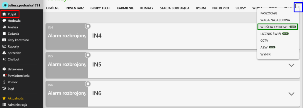 Widok panelu wejść cyfrowych na platformie Fetura CLOUD. Na lewym menu zaznaczony jest Pulpit. W sekcji Pulpit w pasku nawigatora zaznaczone są trzy kropki skrajnie po prawej. Z trzech kropek wyświetlają się dodatkowe zakładki. Zaznaczona jest zakładka wejścia cyfrowe.