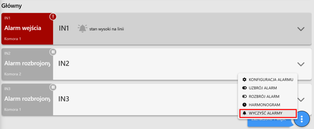 Widok wejścia cyfrowego w zakładce wejścia cyfrowe. Status wejścia świeci się na czerwono sygnalizując alarm. W prawym dolnym rogu są zaznaczone trzy kropki. Z trzech kropek wyświetlają się dostępne ustawienia. Zaznaczona jest opcja wyczyść alarm.