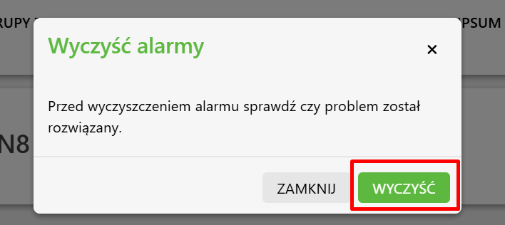 Widok potwierdzenia czyszczenia alarmu.