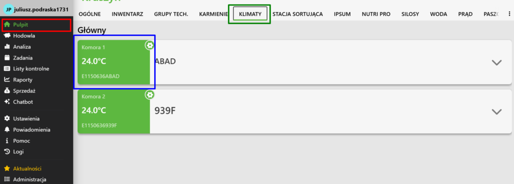 Widok panelu Klimaty na platformie Fetura CLOUD. Na lewym menu zaznaczony jest Pulpit. W sekcji pulpit na pasku nawigatora zaznaczona jest zakładka Klimaty. Poniżej lista czujników z zaznaczoną informacją o statusie jednego z czujników.