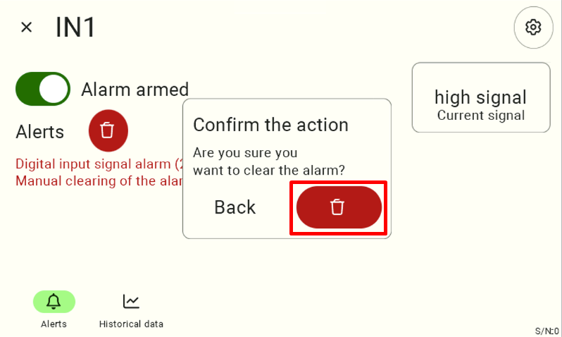 A view of the IN1 input with a tile confirming that the alarm has been cleared. The user must click the red trash can icon to confirm the action. 