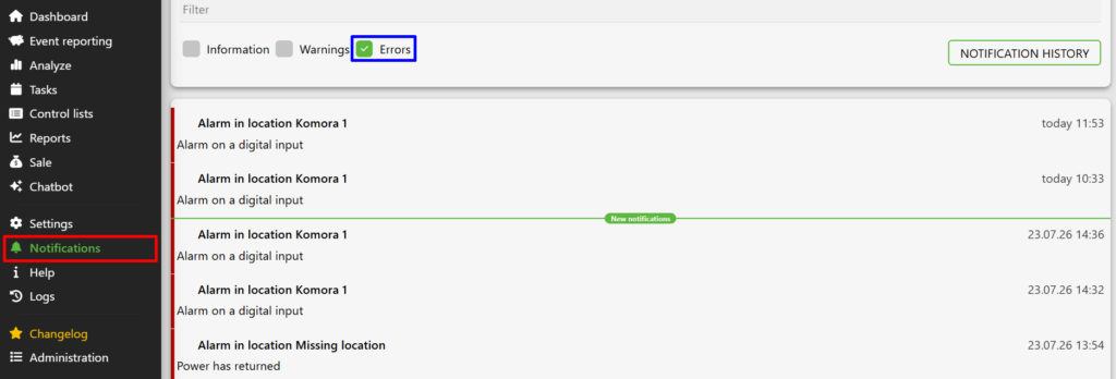 A view of the notifications panel on the Fetura CLOUD platform. The "Notifications" option is selected in the left-hand menu. In the notifications section, the "Errors" checkbox is selected. Below is a list of recent alerts, with information on where, on what, and when the alert occurred.   
